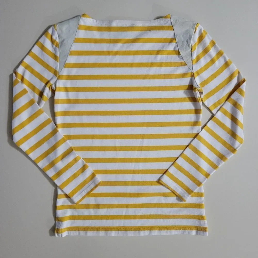 J.Crew Women's Crewneck Yellow Stripe Suede Shoulder Long Sleeve Pullover Top